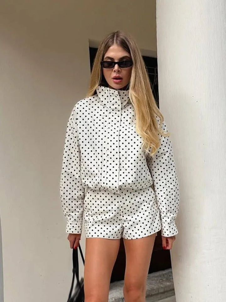 Women's polka dot cropped jacket with high neckline and long sleeves