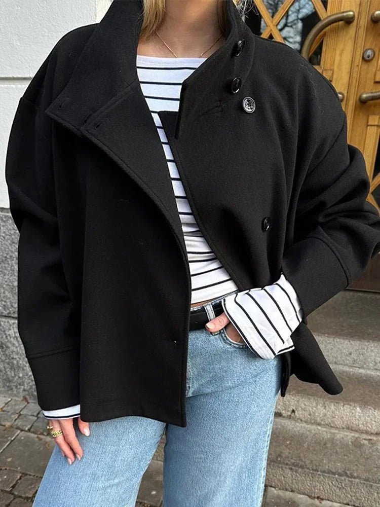 Women's stand collar button jacket with long sleeves