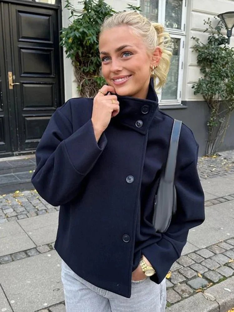 Women's stand collar button jacket with long sleeves