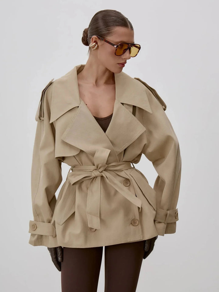 Women's belted trench coat with stand collar and long sleeves