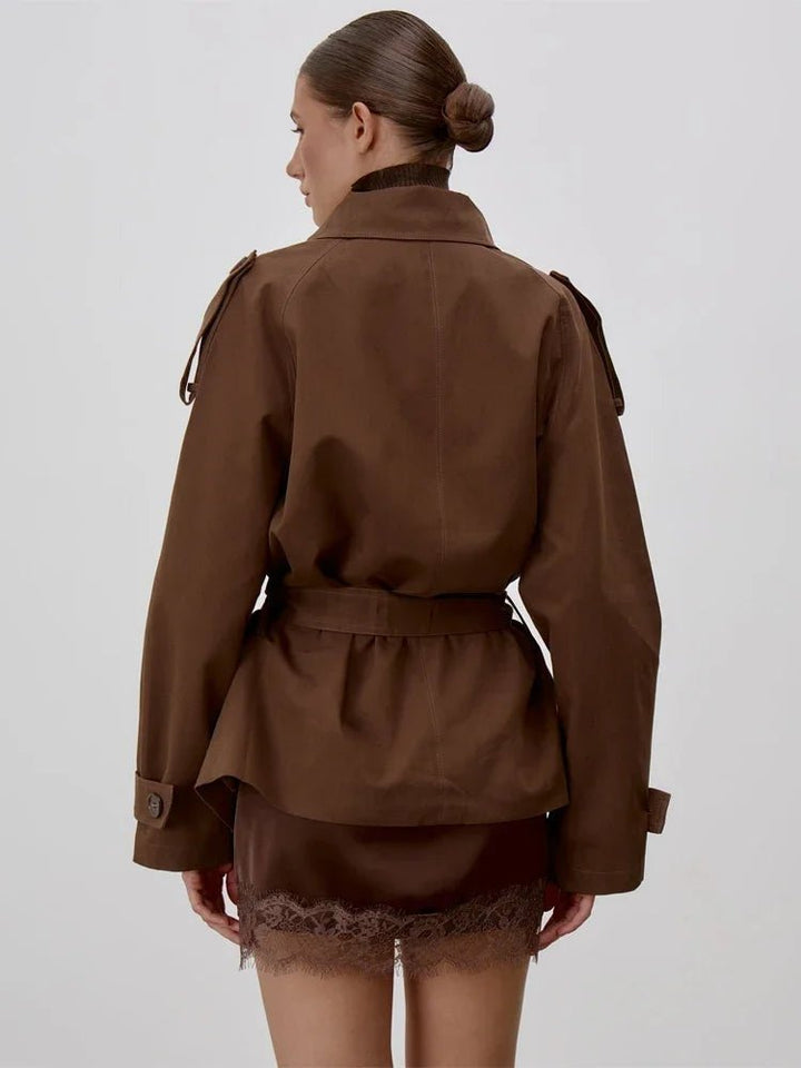 Women's belted trench coat with stand collar and long sleeves
