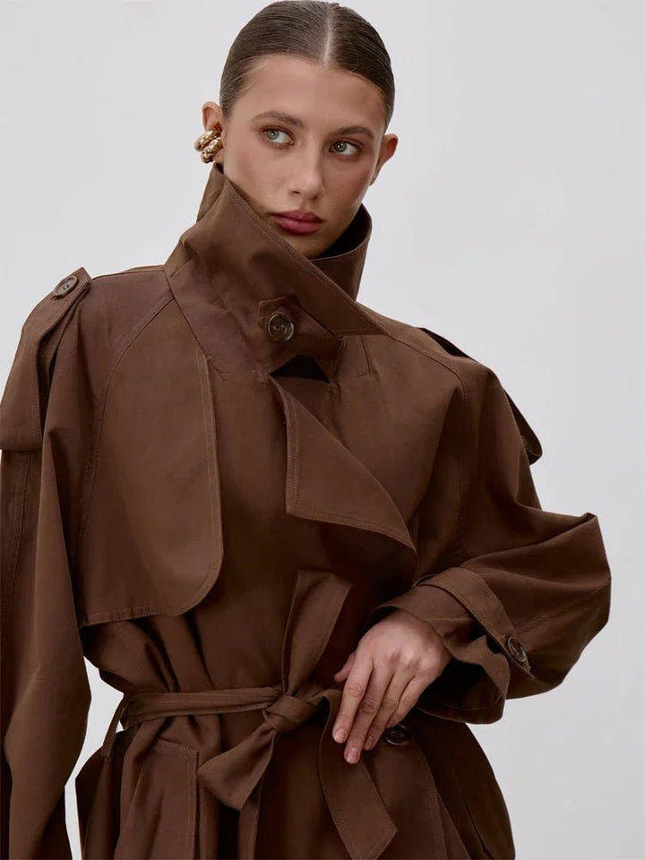 Women's belted trench coat with stand collar and long sleeves
