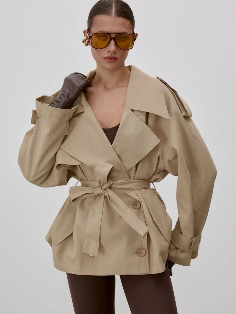 Women's belted trench coat with stand collar and long sleeves