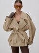 Women's belted trench coat with stand collar and long sleeves