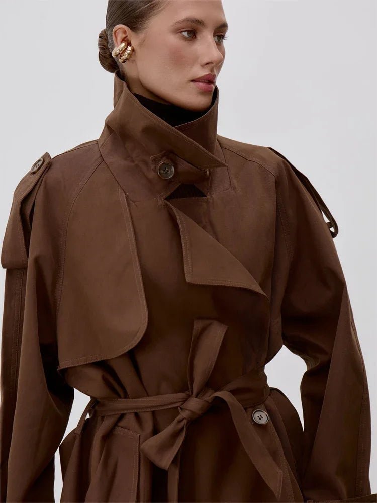 Women's belted trench coat with stand collar and long sleeves