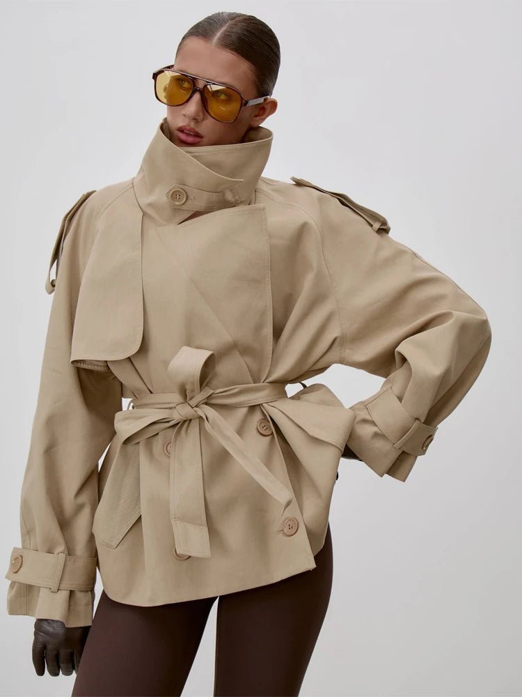 Women's belted trench coat with stand collar and long sleeves