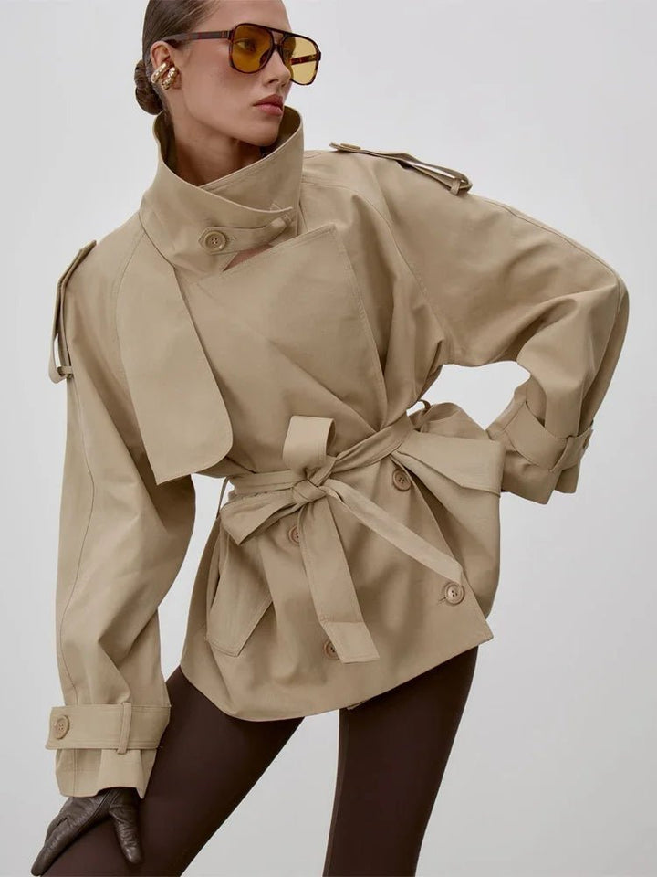 Women's belted trench coat with stand collar and long sleeves