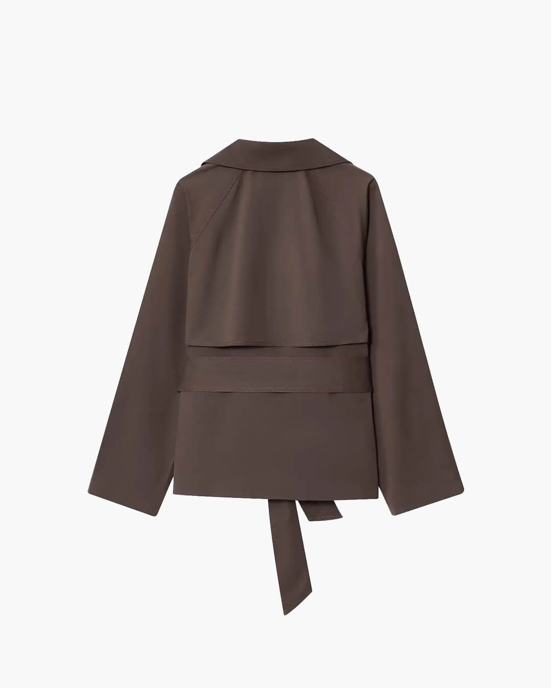 Women's short belted trench coat with wide lapels and long sleeves