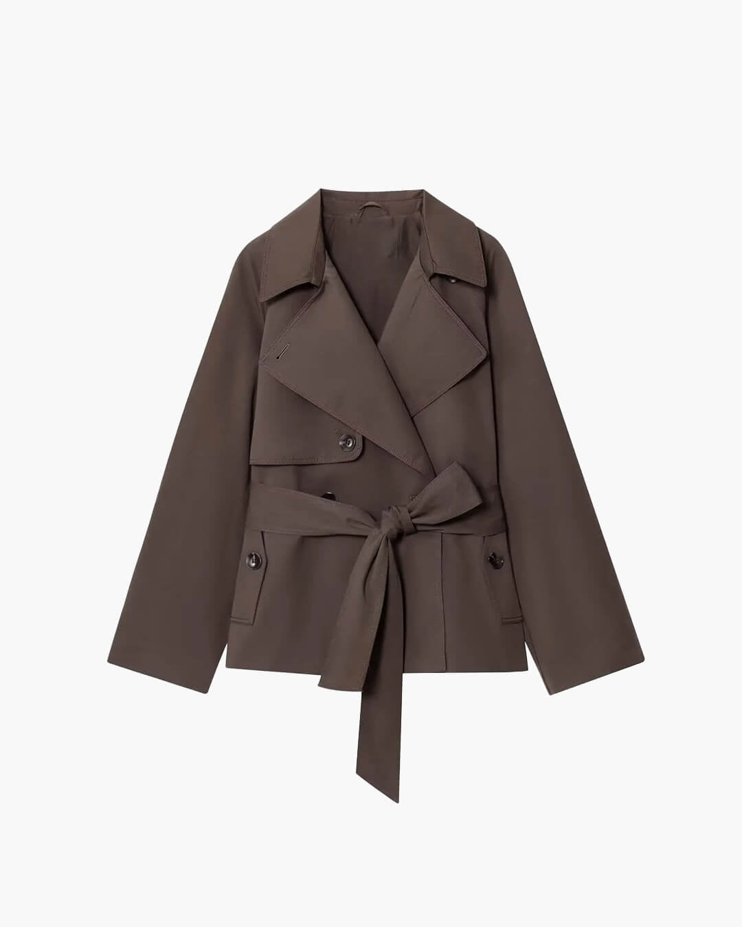 Women's short belted trench coat with wide lapels and long sleeves