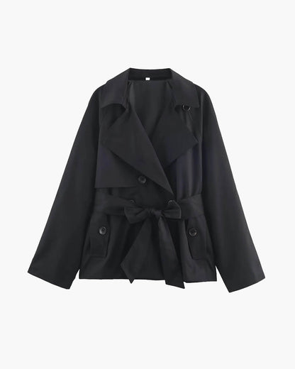 Women's short belted trench coat with wide lapels and long sleeves