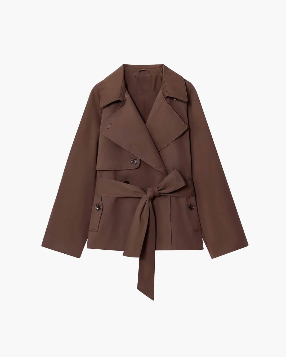 Women's short belted trench coat with wide lapels and long sleeves
