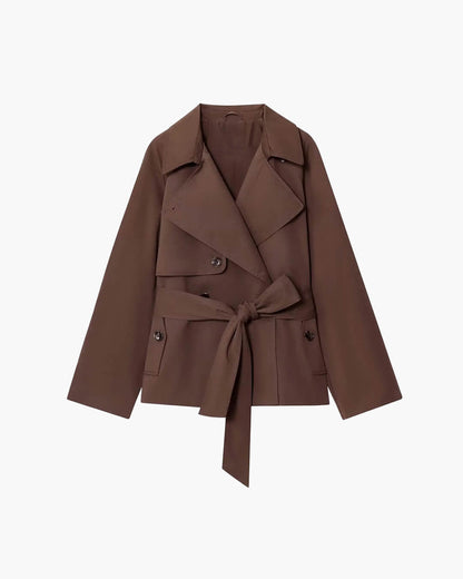 Women's short belted trench coat with wide lapels and long sleeves