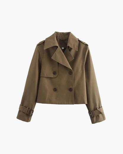 Women's cropped double-breasted trench coat with notched lapels and long sleeves