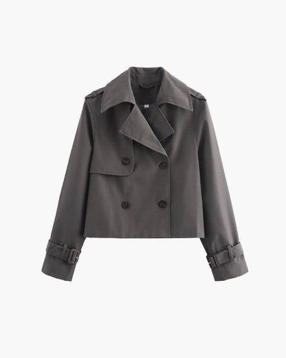Women's cropped double-breasted trench coat with notched lapels and long sleeves