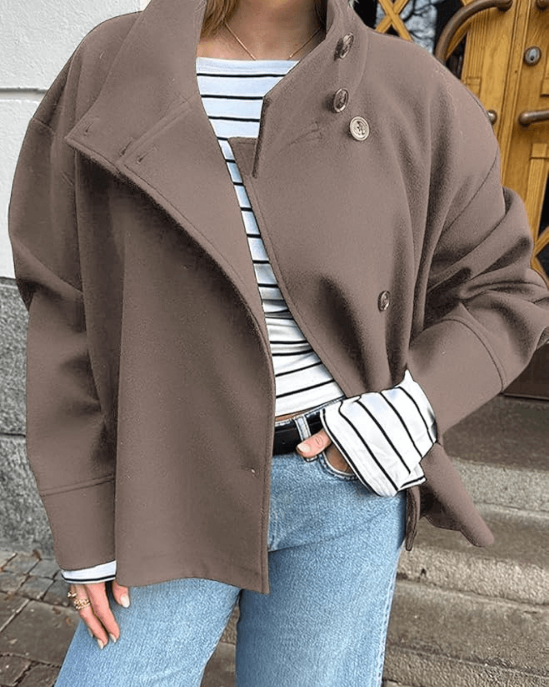 Women's stand collar button jacket with long sleeves