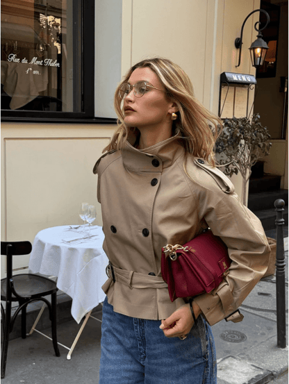 Women's cropped belted trench coat with high collar and double-breasted buttons
