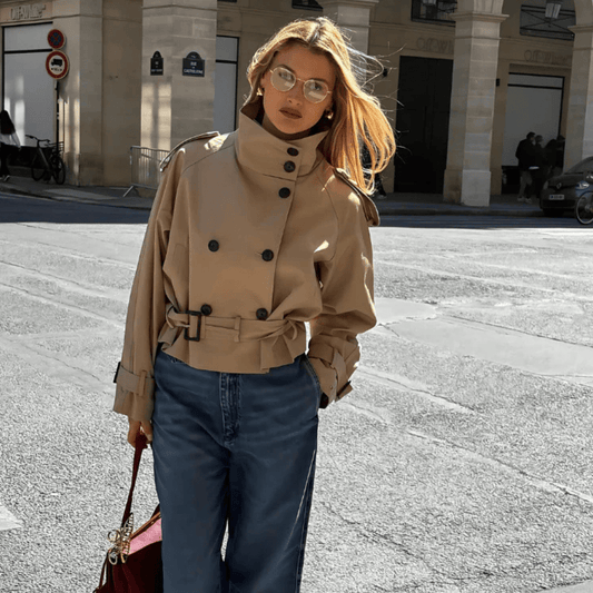 Women's cropped belted trench coat with high collar and double-breasted buttons