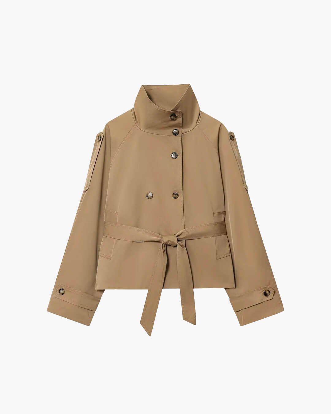 Women's cropped belted trench coat with high collar and double-breasted buttons