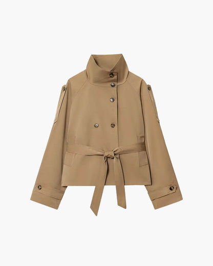 Women's cropped belted trench coat with high collar and double-breasted buttons