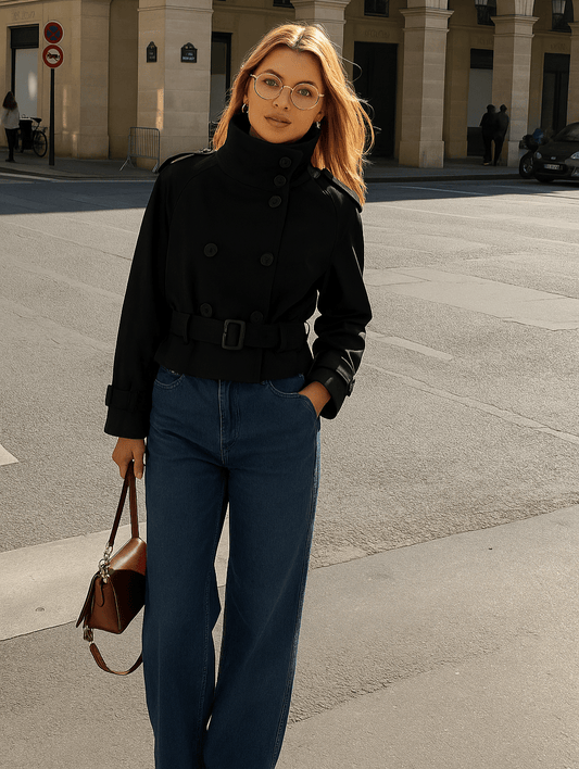 Women's cropped belted trench coat with high collar and double-breasted buttons