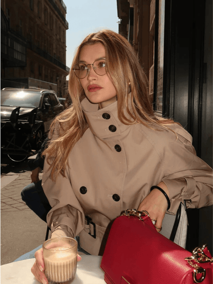 Women's cropped belted trench coat with high collar and double-breasted buttons