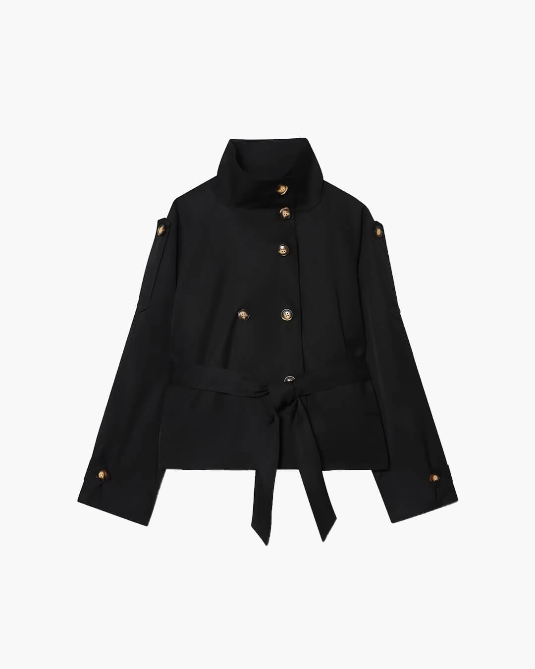Women's cropped belted trench coat with high collar and double-breasted buttons