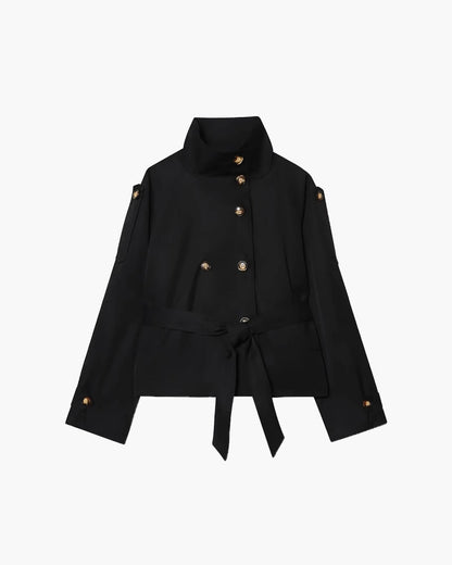 Women's cropped belted trench coat with high collar and double-breasted buttons