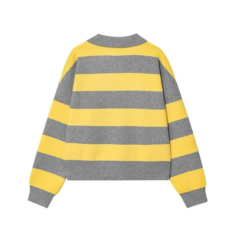 Women's striped polo collar sweater with long sleeves and cropped hem