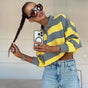 Women's striped polo collar sweater with long sleeves and cropped hem
