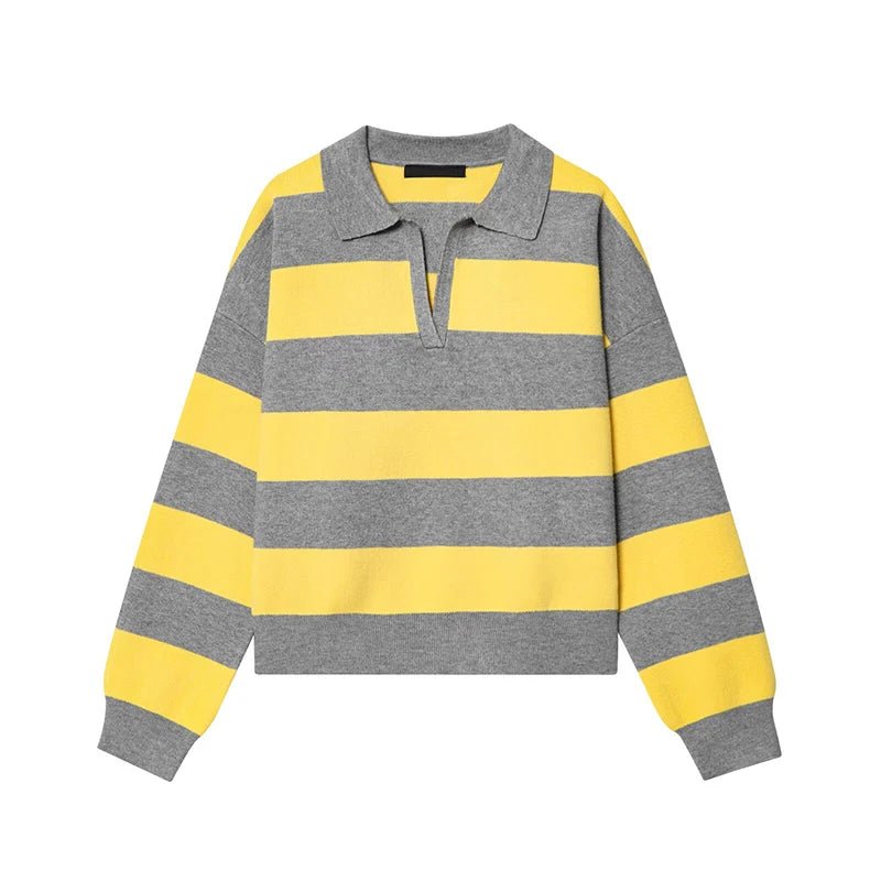Women's striped polo collar sweater with long sleeves and cropped hem