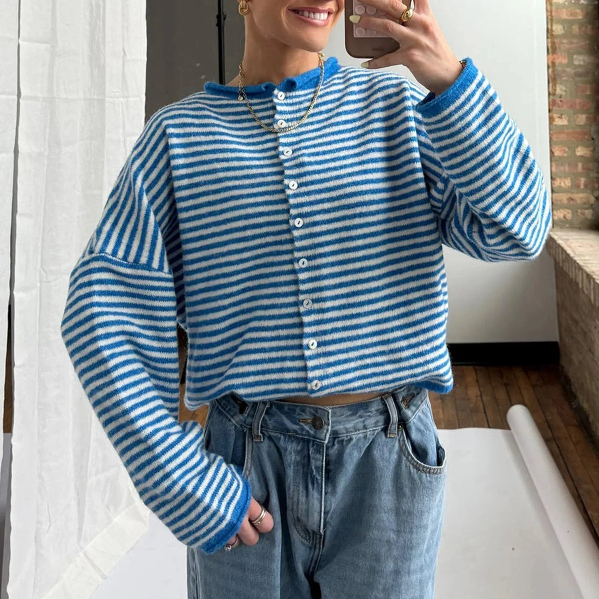 Women's striped long-sleeve button-front cardigan