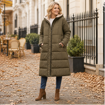 Women's long quilted hooded puffer coat shown in olive and navy