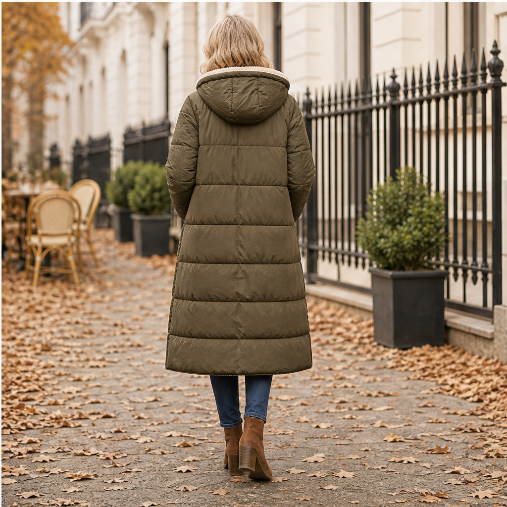 Women's long quilted hooded puffer coat shown in olive and navy