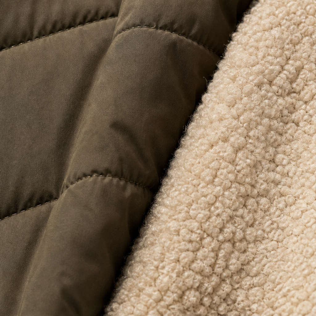Women's long quilted hooded puffer coat shown in olive and navy