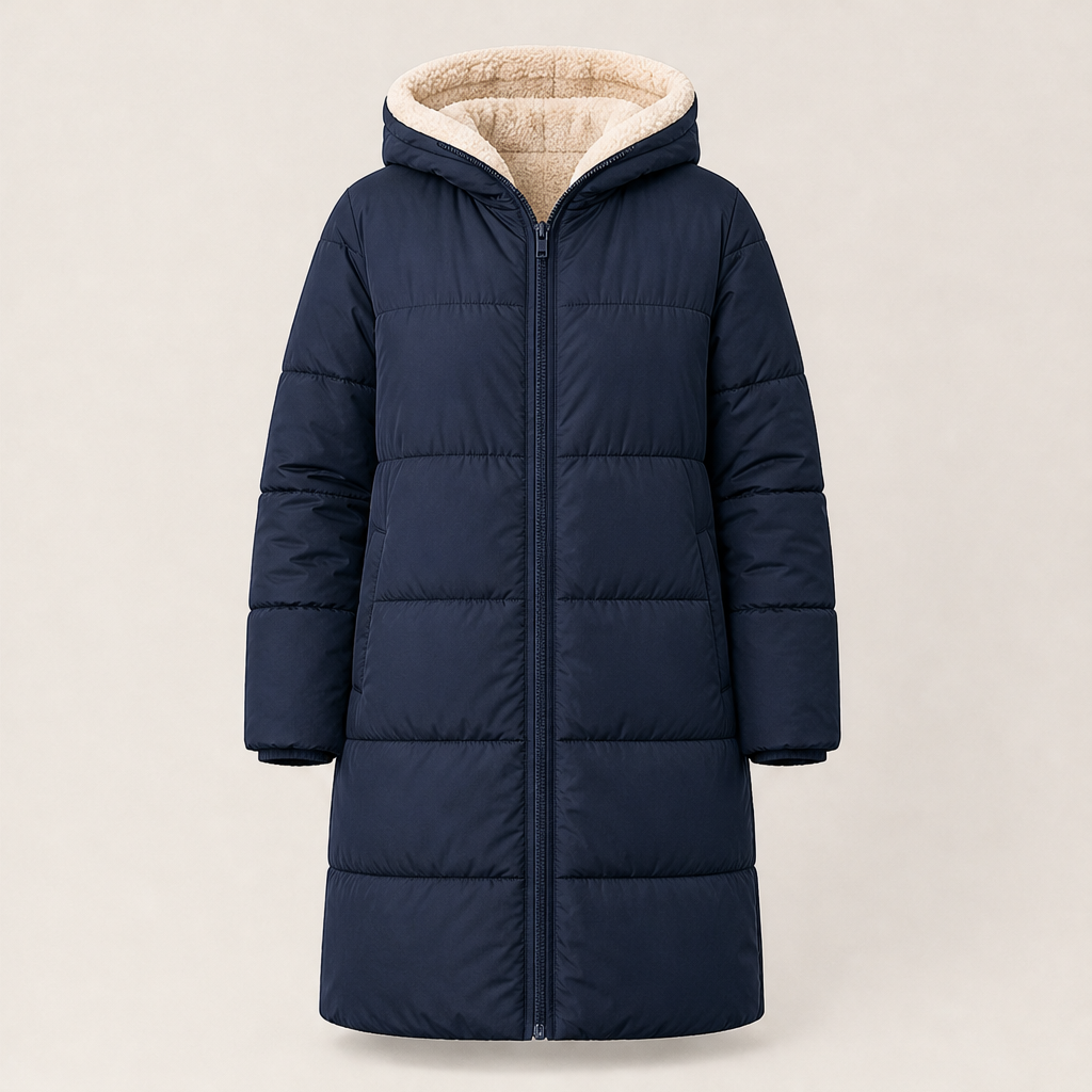 Women's long quilted hooded puffer coat shown in olive and navy