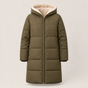 Women's long quilted hooded puffer coat shown in olive and navy