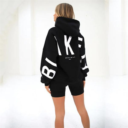 Women's hooded pullover with graphic back and sleeve print