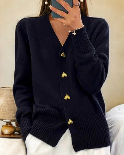 Women's heart button cardigan in grey with V-neck and long sleeves