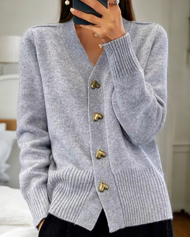 Women's heart button cardigan in grey with V-neck and long sleeves