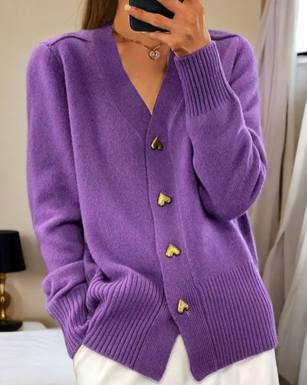 Women's heart button cardigan in grey with V-neck and long sleeves