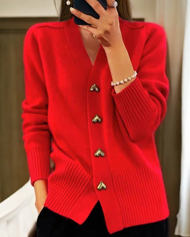 Women's heart button cardigan in grey with V-neck and long sleeves