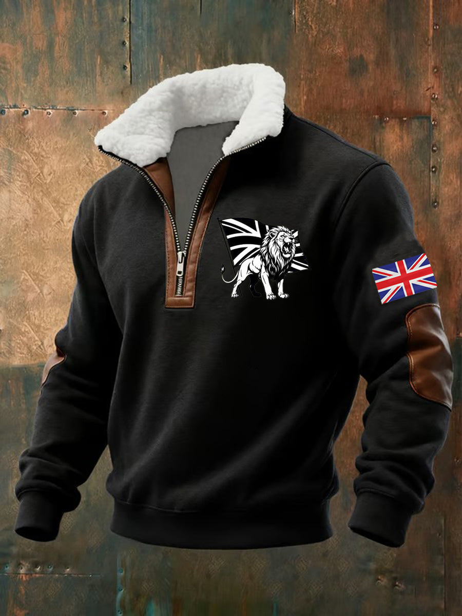 Men's quarter-zip sweatshirt with lion and England flag graphics