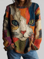 Women's multicolor knit sweater with a large cat graphic and long sleeves