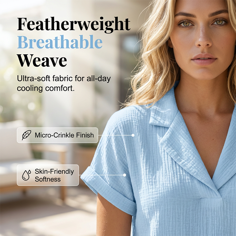 Women's V-Neck Textured T-Shirt — Loose Lightweight Polyester Summer Tee