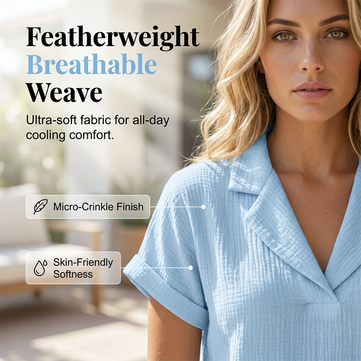 Women's V-Neck Textured T-Shirt — Loose Lightweight Polyester Summer Tee