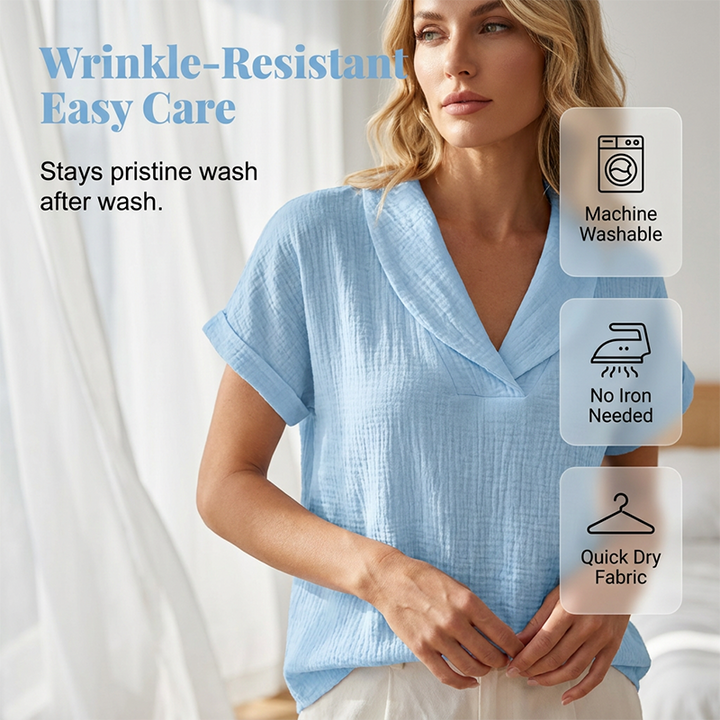 Women's V-Neck Textured T-Shirt — Loose Lightweight Polyester Summer Tee