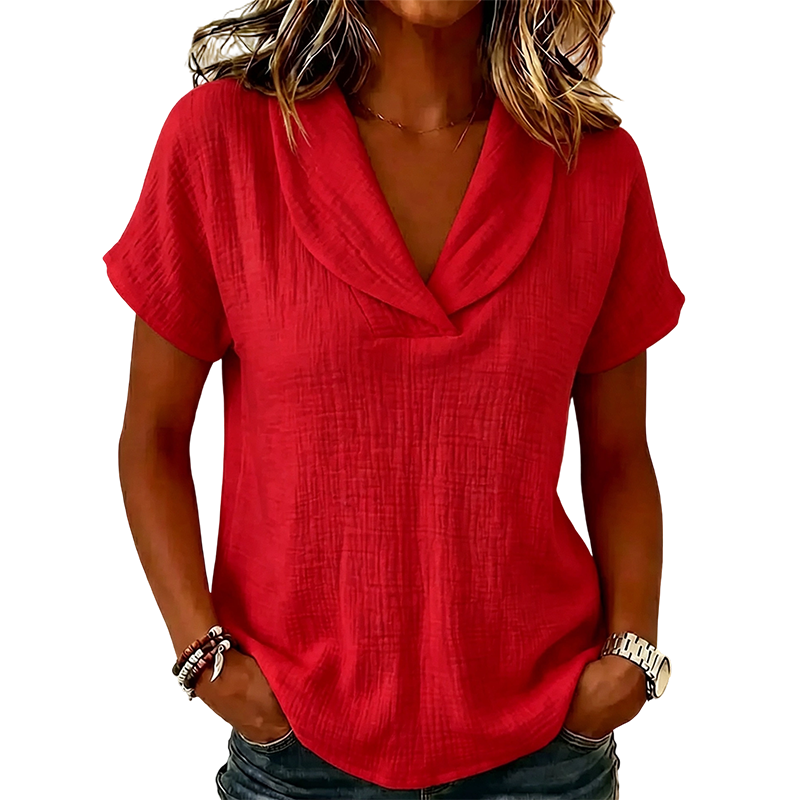Women's V-Neck Textured T-Shirt — Loose Lightweight Polyester Summer Tee