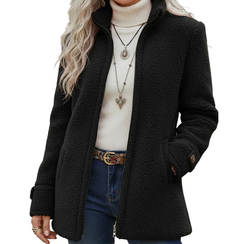 Women's textured sherpa jacket with high collar, zip front and pockets