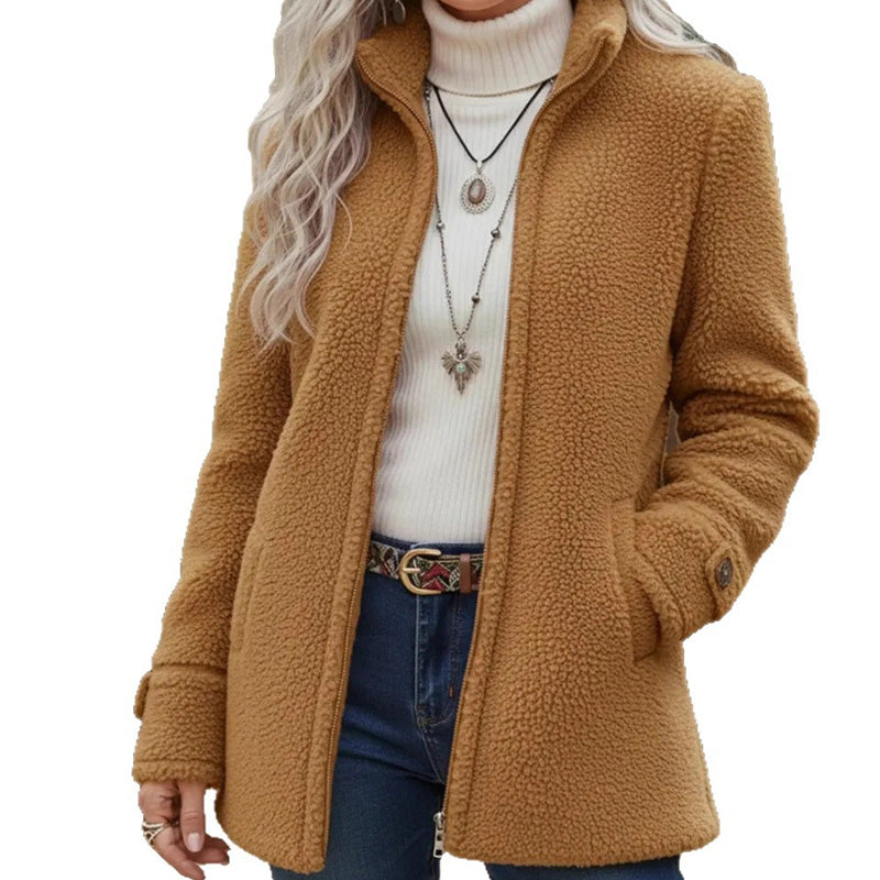 Women's textured sherpa jacket with high collar, zip front and pockets