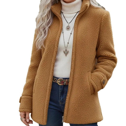 Women's textured sherpa jacket with high collar, zip front and pockets